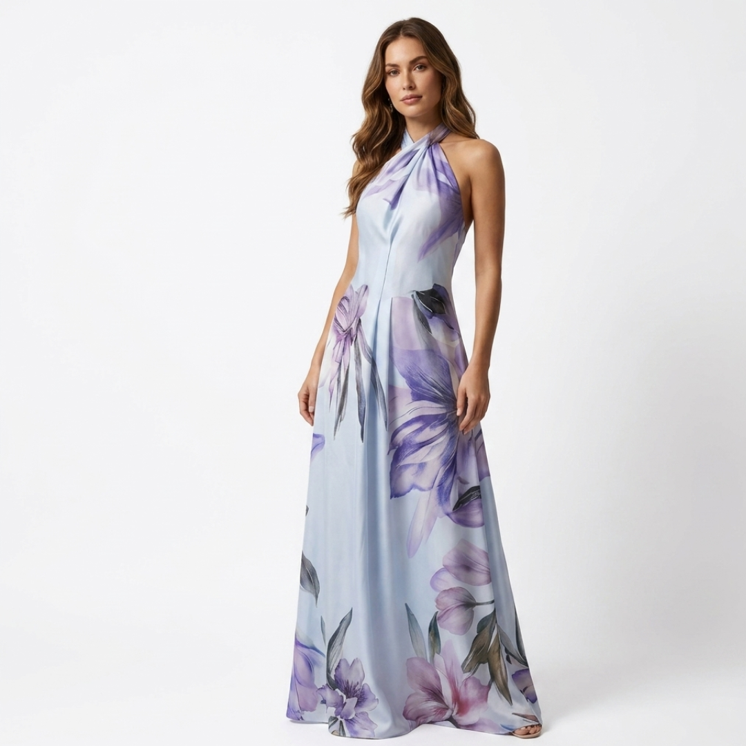 Astreia - Vestido largo con escote floral y tirantes