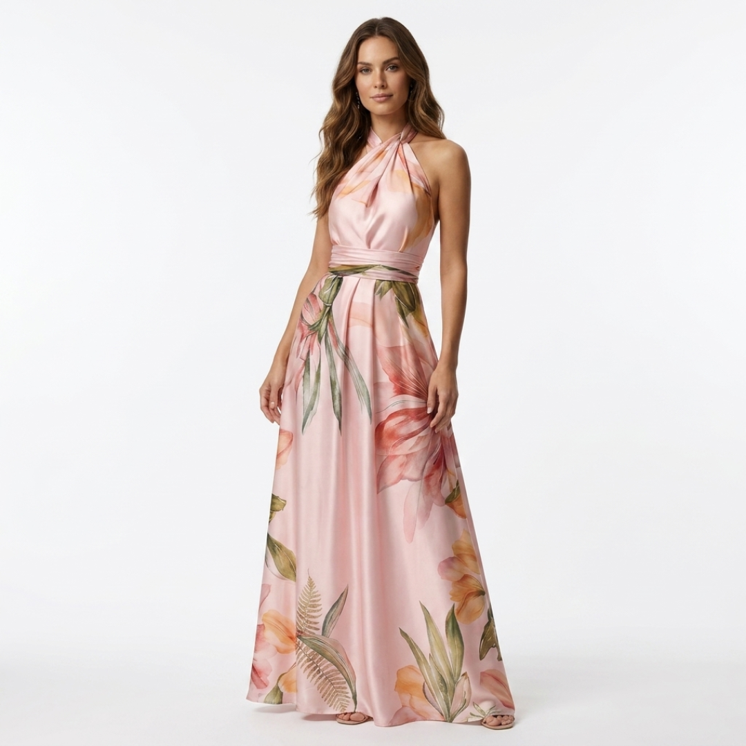 Astreia - Vestido largo con escote floral y tirantes