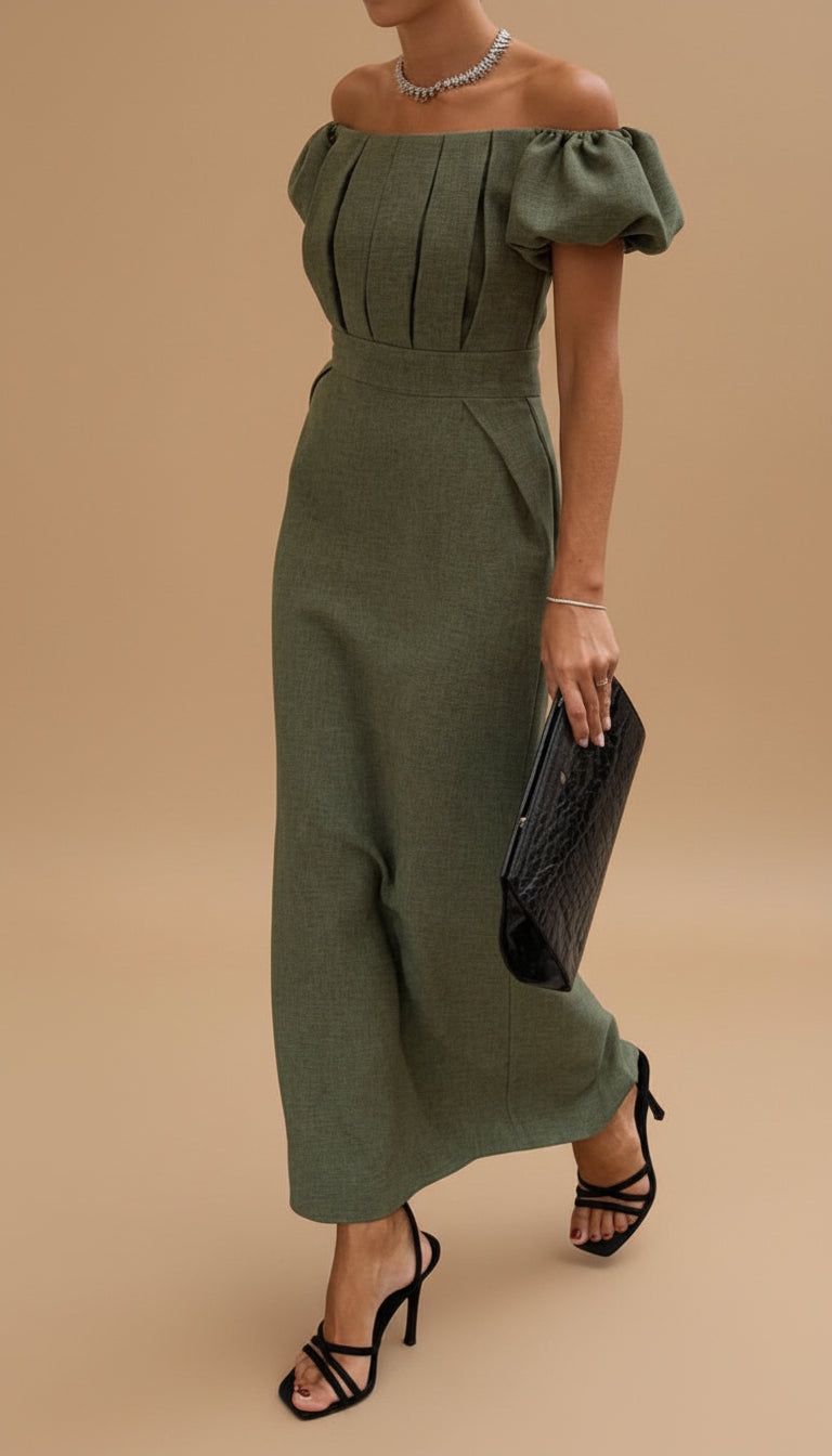 JASMINE | Vestido midi elegante con cintura marcada y estilo nocturno atemporal