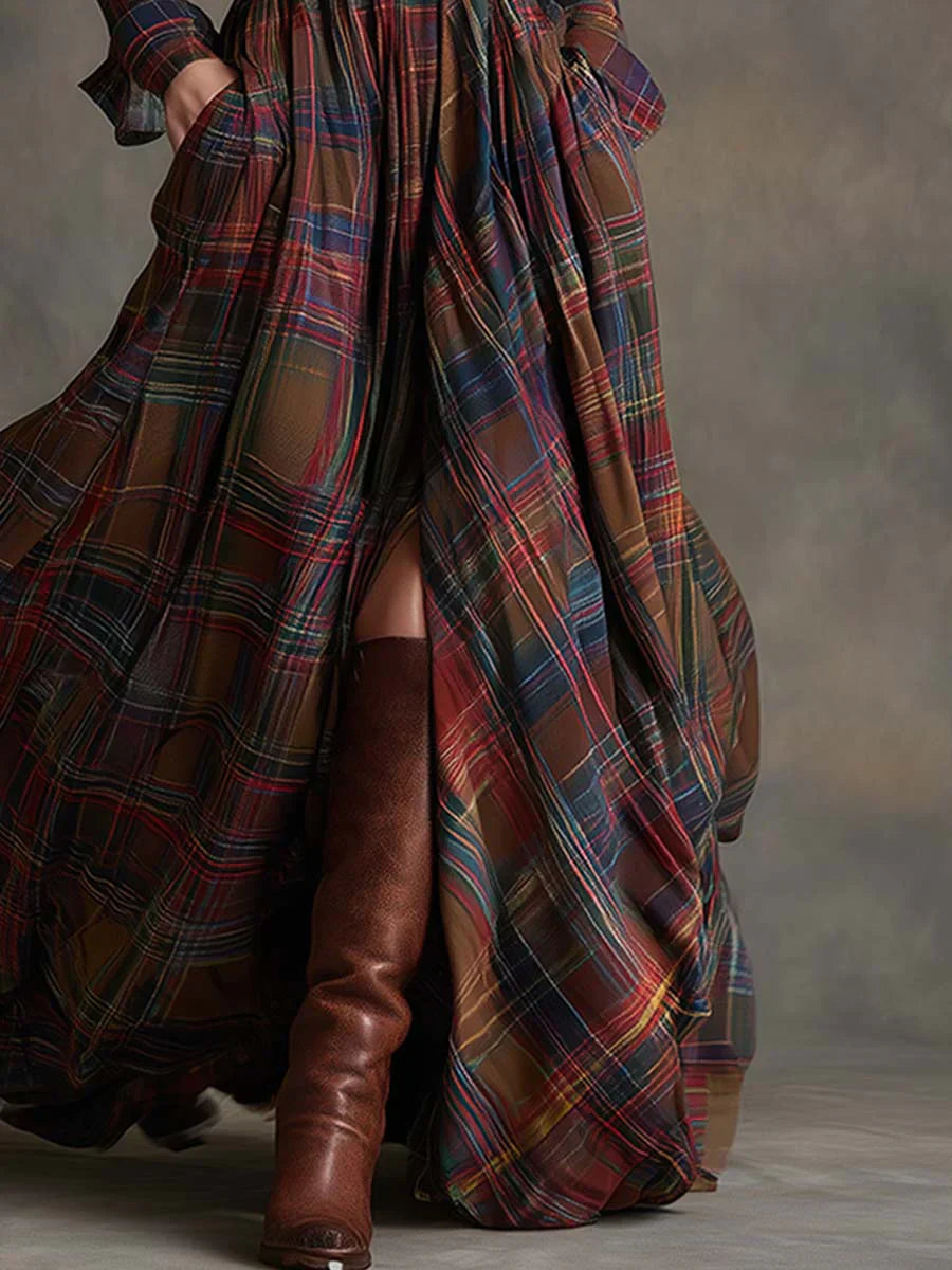 Elena – Vestido Largo de Cuadros con Línea Fluida