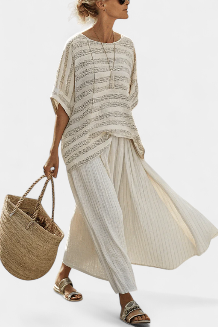 Graziella — Top de rayas de bambú natural y pantalón de lino de corte ancho