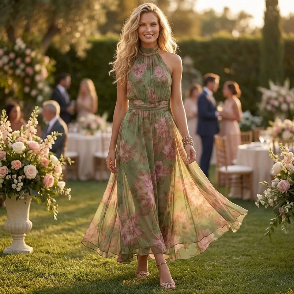 Theia - Vestido maxi floral verde