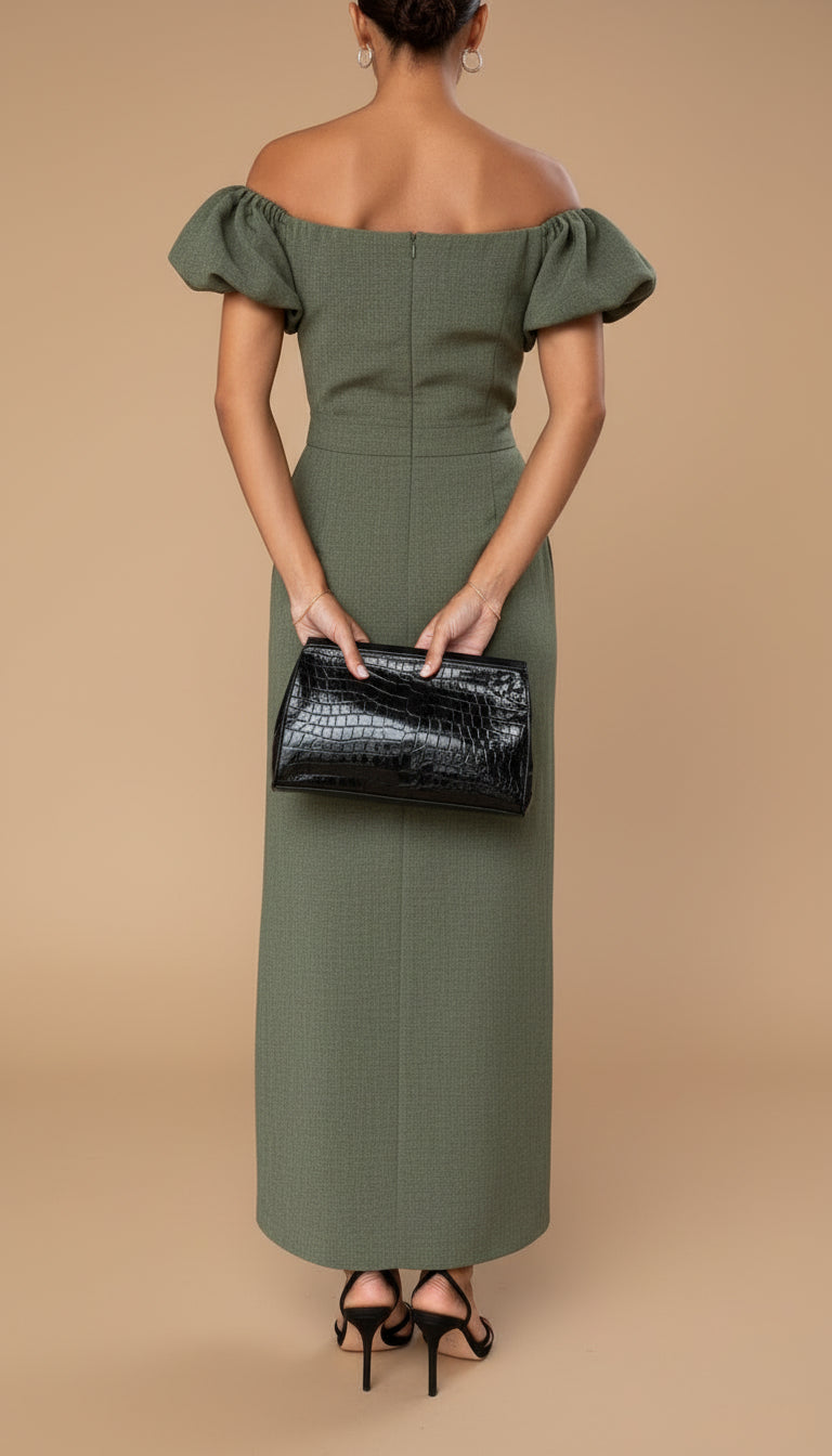 JASMINE | Vestido midi elegante con cintura marcada y estilo nocturno atemporal