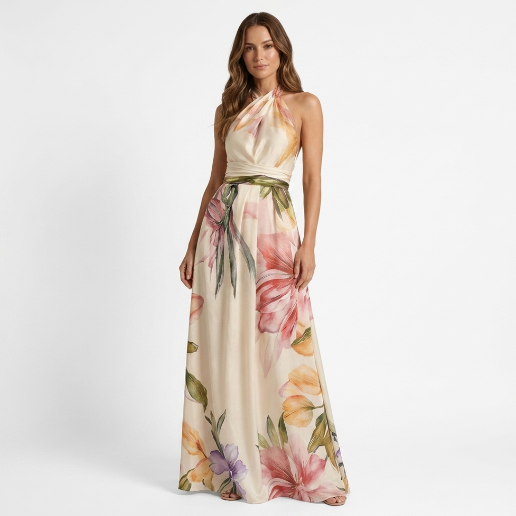 Astreia - Vestido largo con escote floral y tirantes