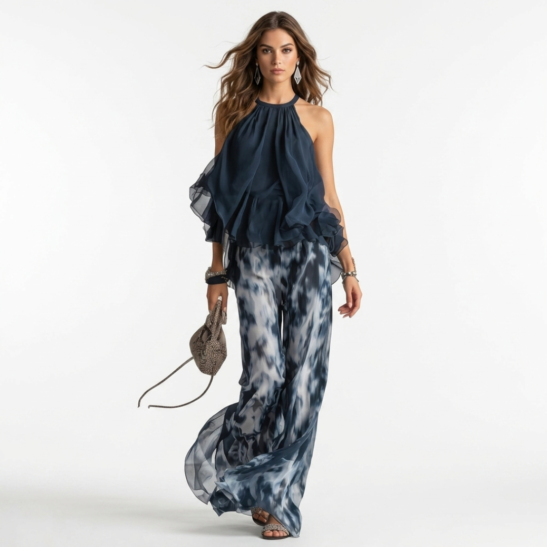 Ludovica - Conjunto de blusa y pantalón con hombros al aire