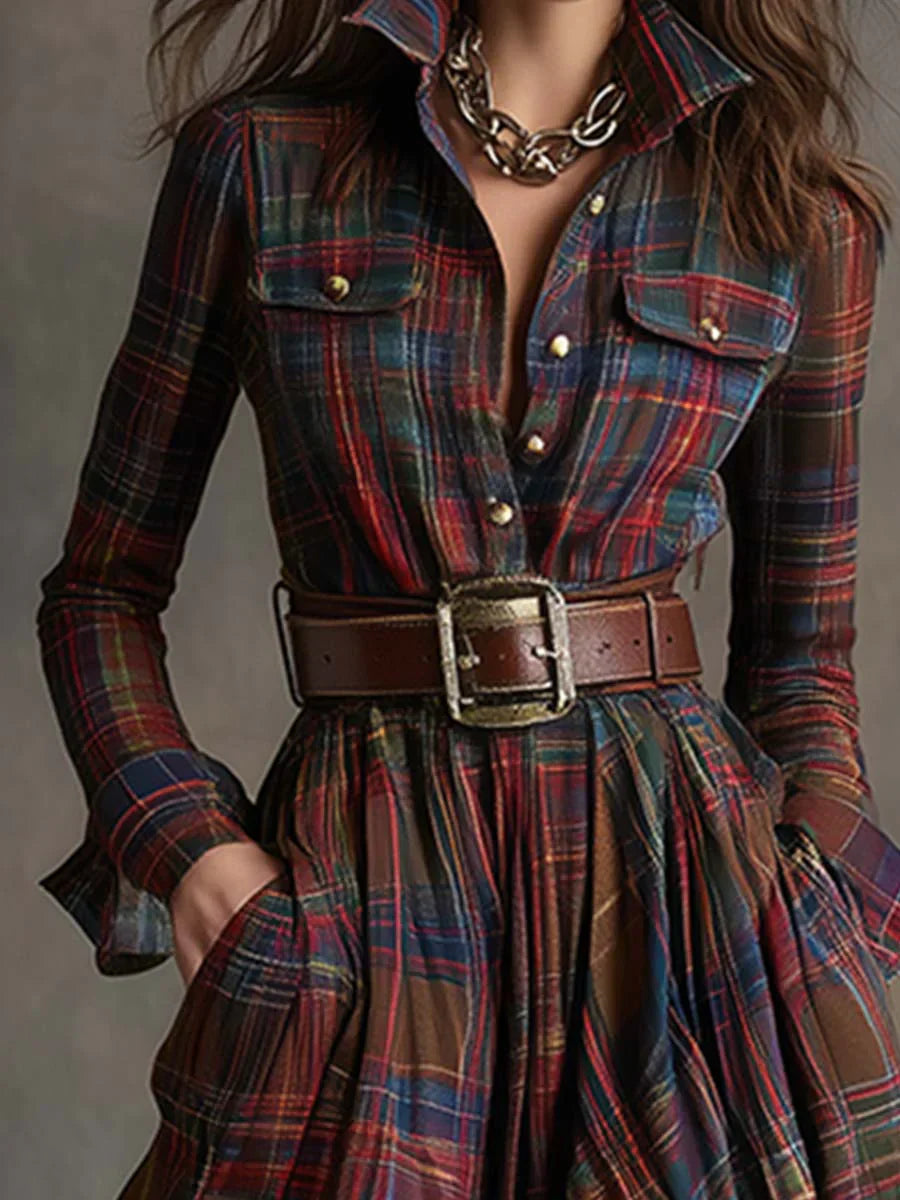 Elena – Vestido Largo de Cuadros con Línea Fluida