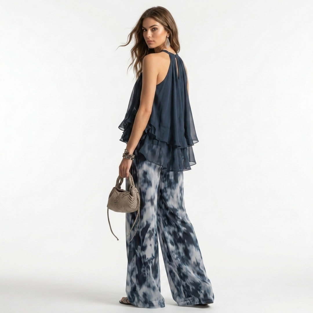 Ludovica - Conjunto de blusa y pantalón con hombros al aire