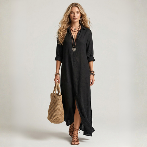 Afrodite - Vestido largo negro con botones