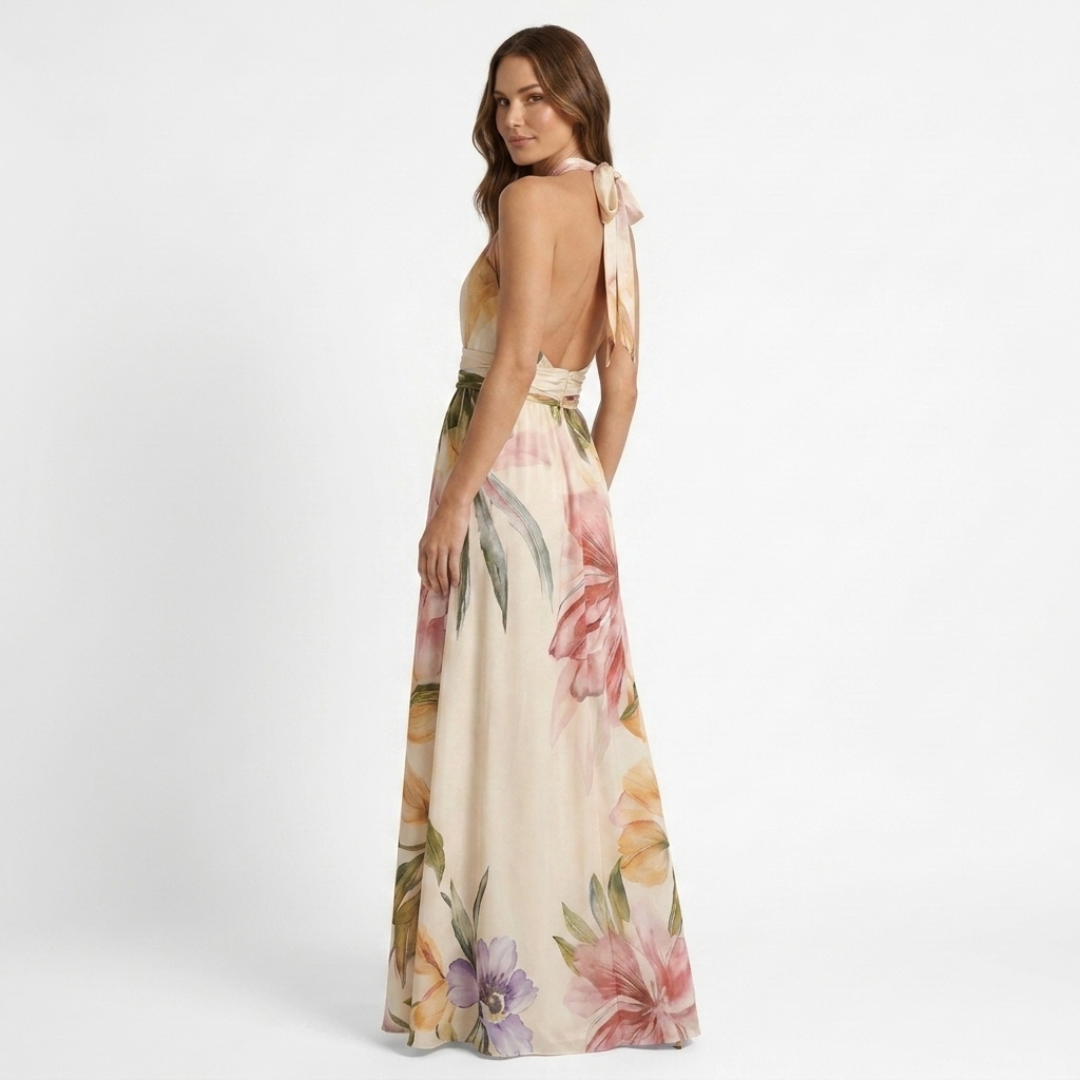 Astreia - Vestido largo con escote floral y tirantes