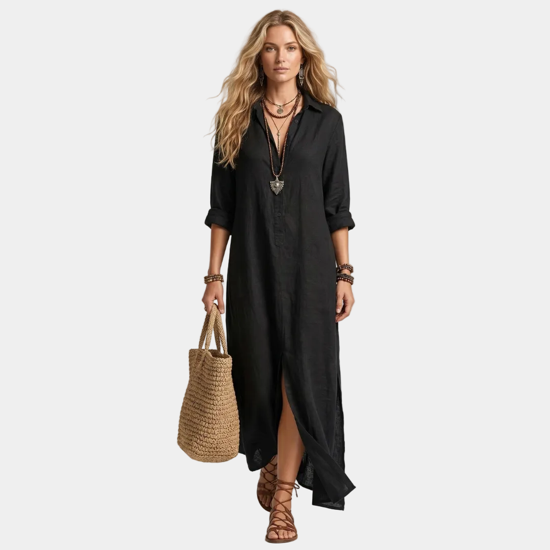 Afrodite - Vestido largo negro con botones