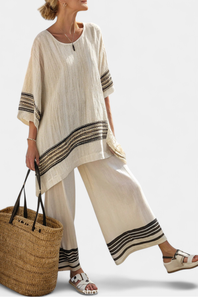 Mariella - Conjunto elegante de lino con rayas negras y pantalón ancho