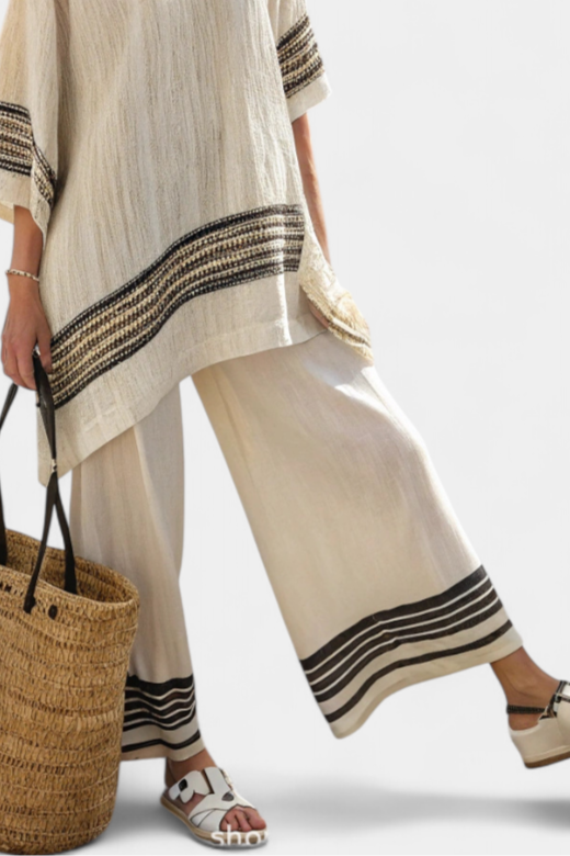 Mariella - Conjunto elegante de lino con rayas negras y pantalón ancho