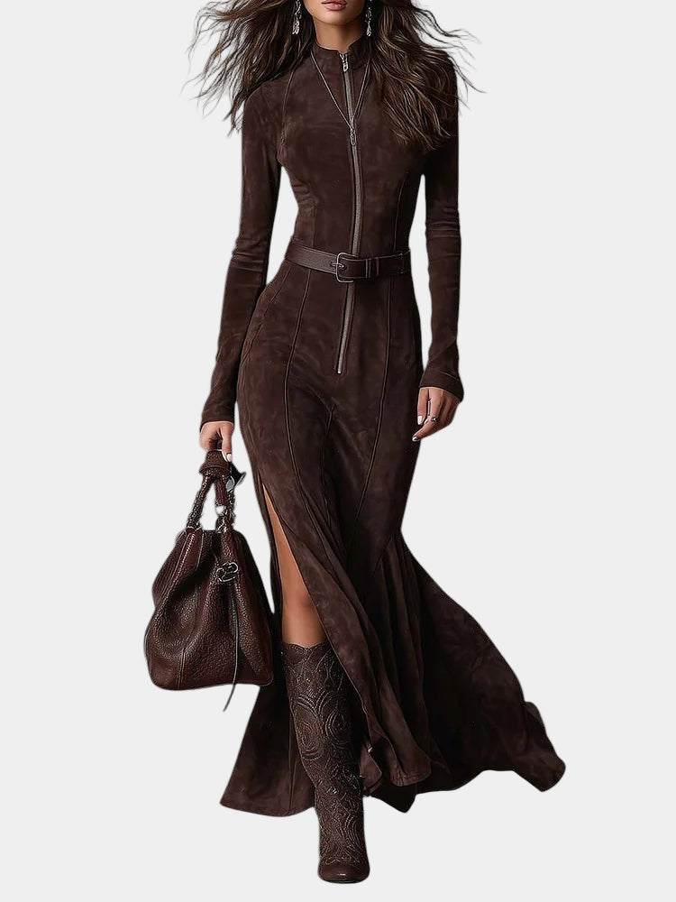 María - Elegante Vestido Largo de Ante con Cinturón y Abertura