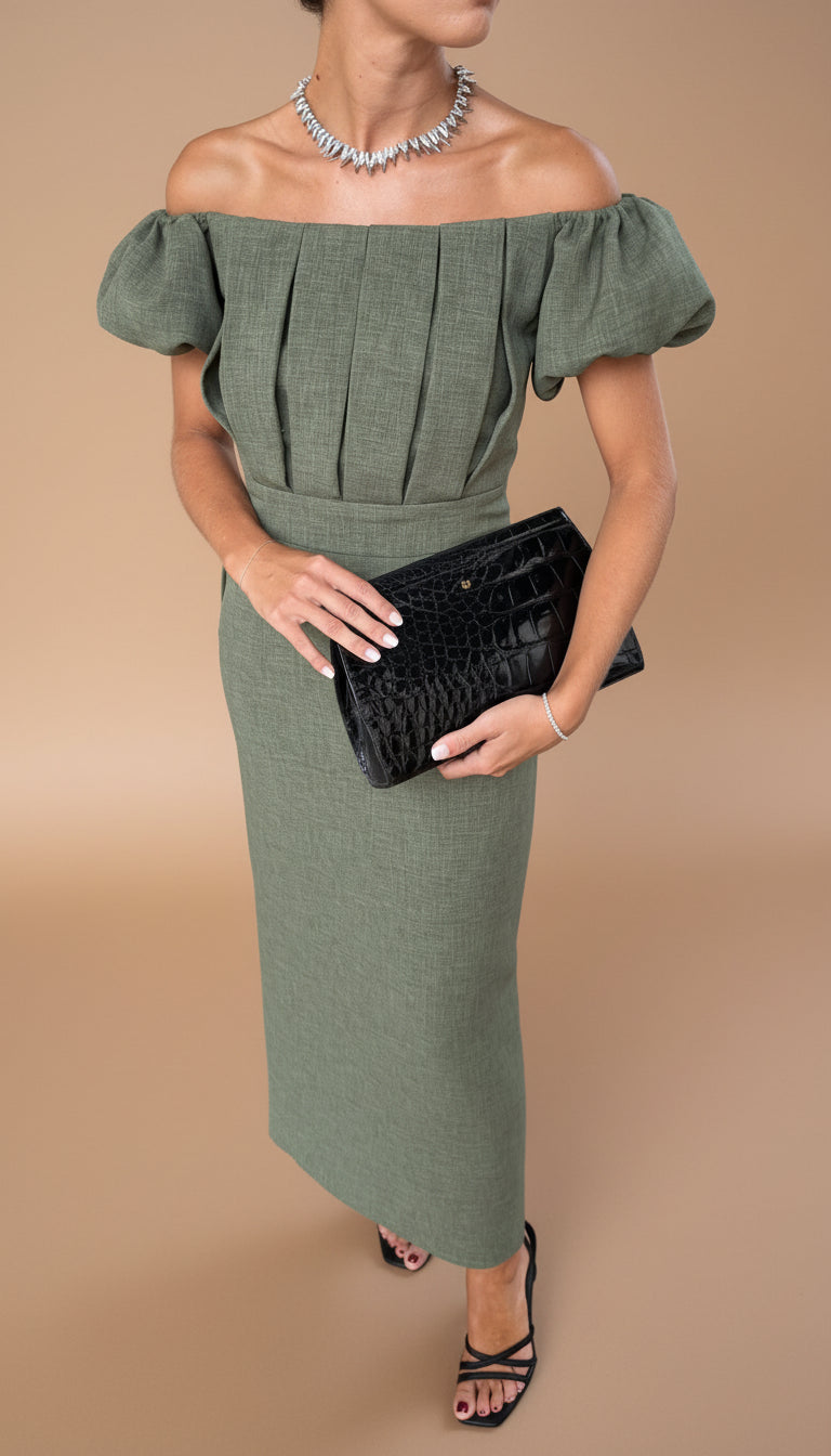 JASMINE | Vestido midi elegante con cintura marcada y estilo nocturno atemporal