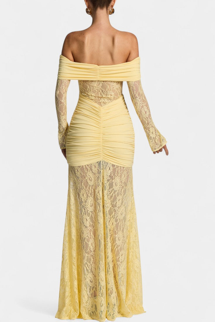Kamila - Vestido Bruma con encaje, sin tirantes y volantes