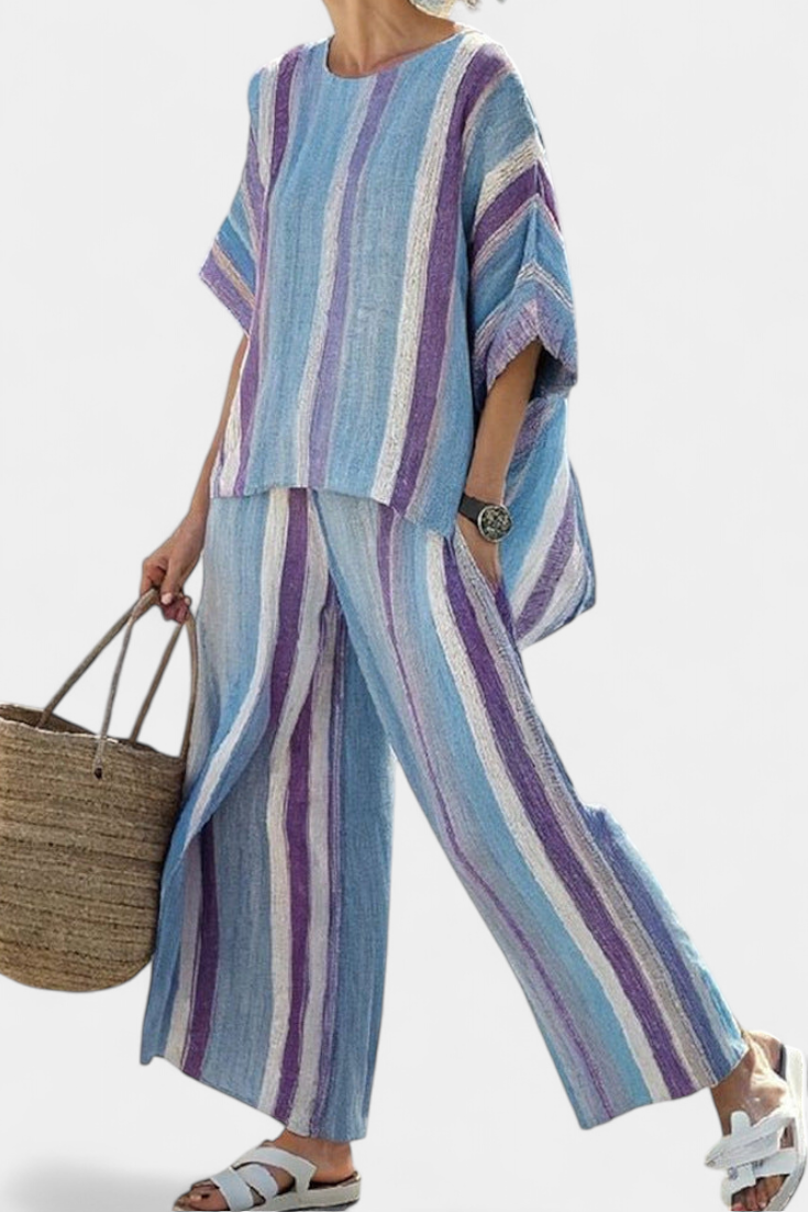 Ginevra — Top elegante en púrpura pastel y pantalones de lino a rayas