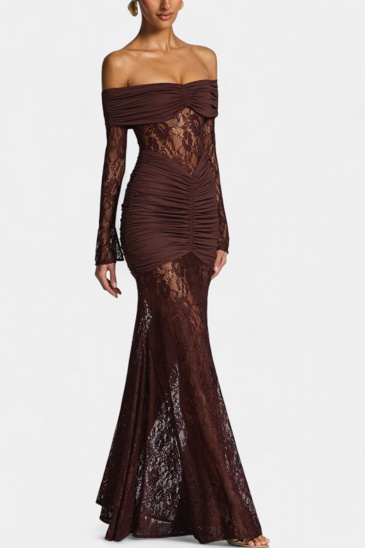 Kamila - Vestido Bruma con encaje, sin tirantes y volantes