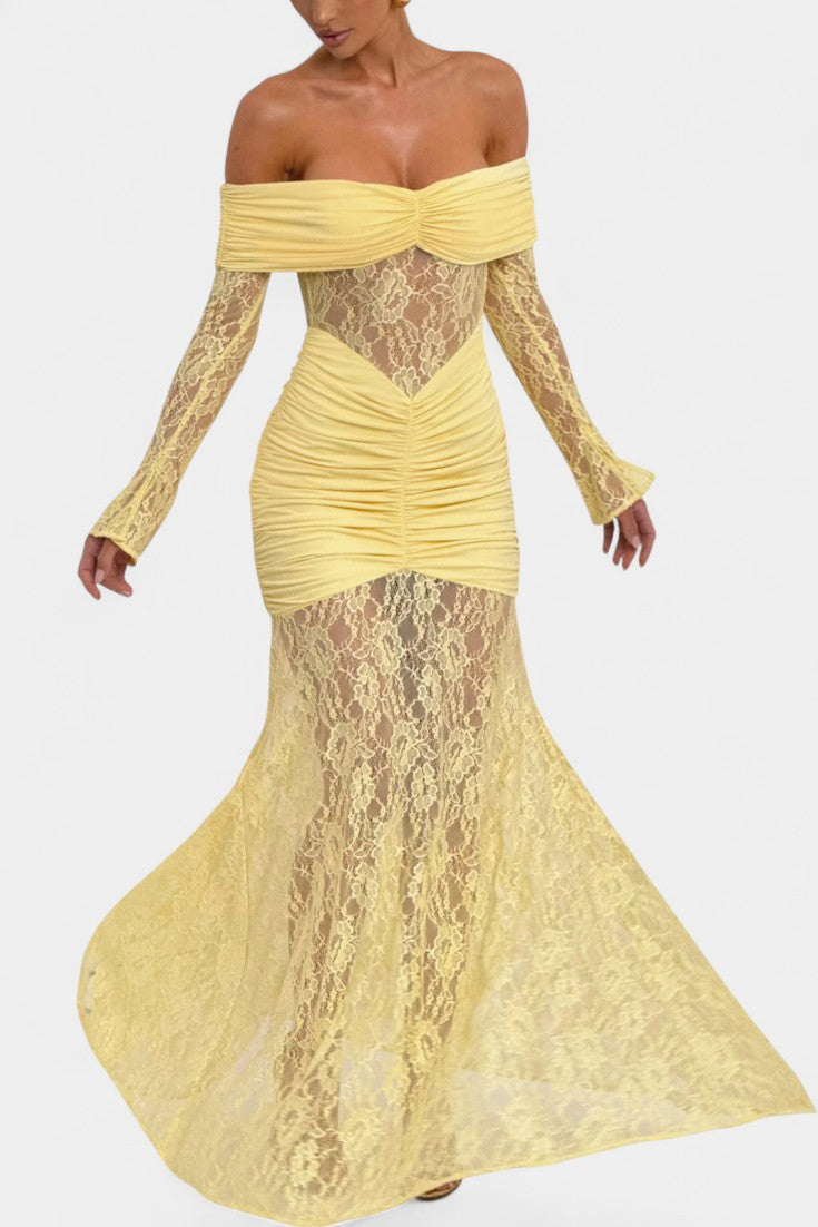Kamila - Vestido Bruma con encaje, sin tirantes y volantes