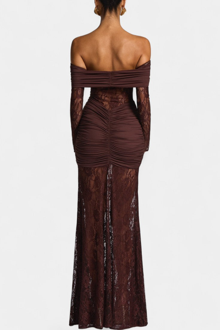 Kamila - Vestido Bruma con encaje, sin tirantes y volantes