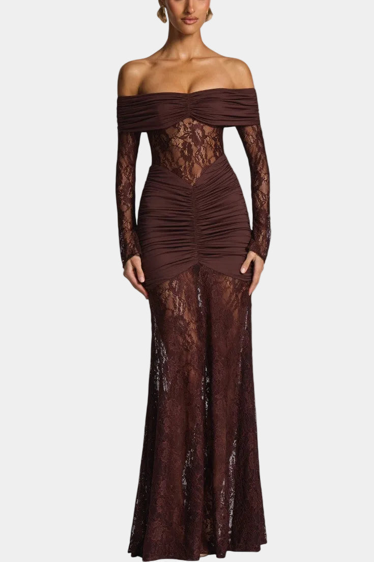 Kamila - Vestido Bruma con encaje, sin tirantes y volantes