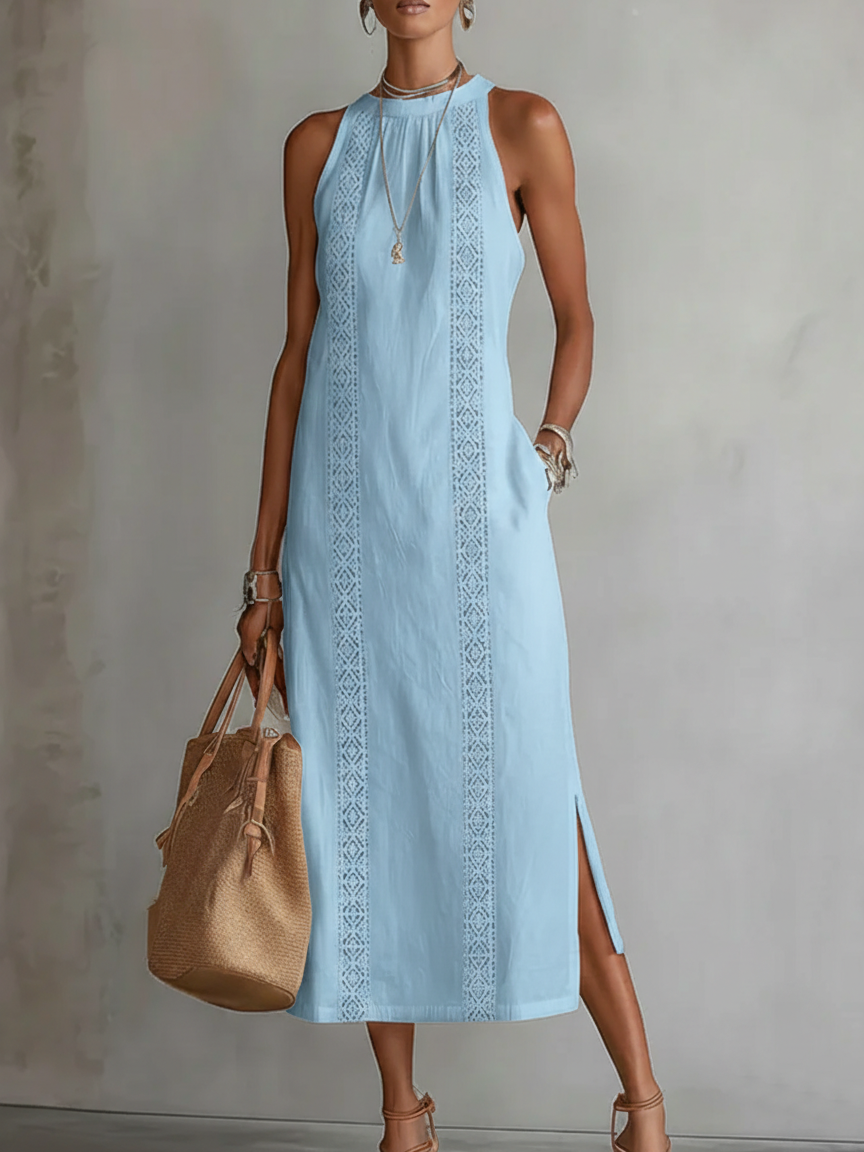 Jimena - Vestido midi de lino con cuello Mao
