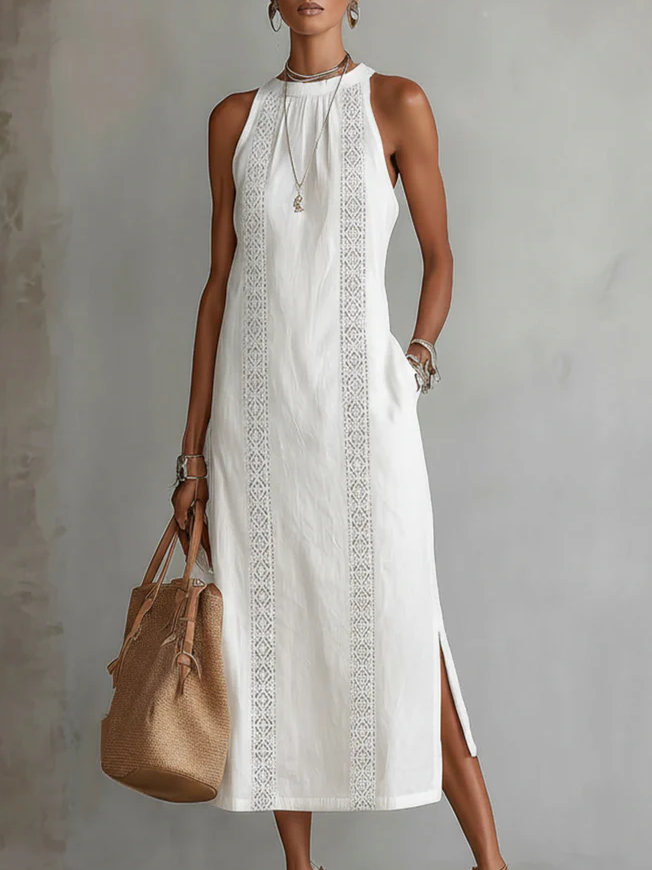 Jimena - Vestido midi de lino con cuello Mao