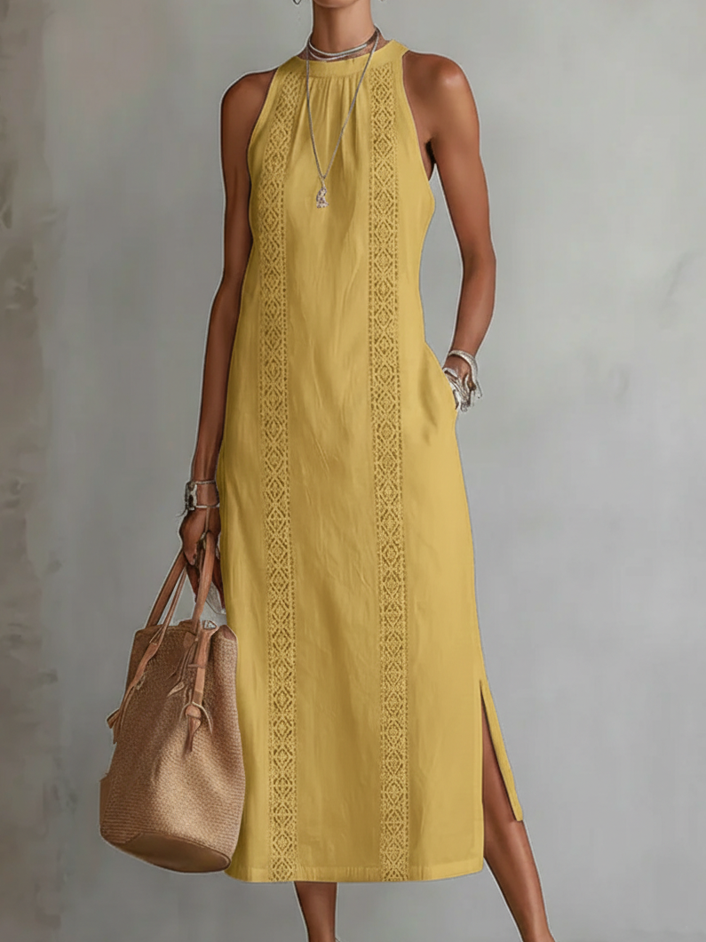 Jimena - Vestido midi de lino con cuello Mao