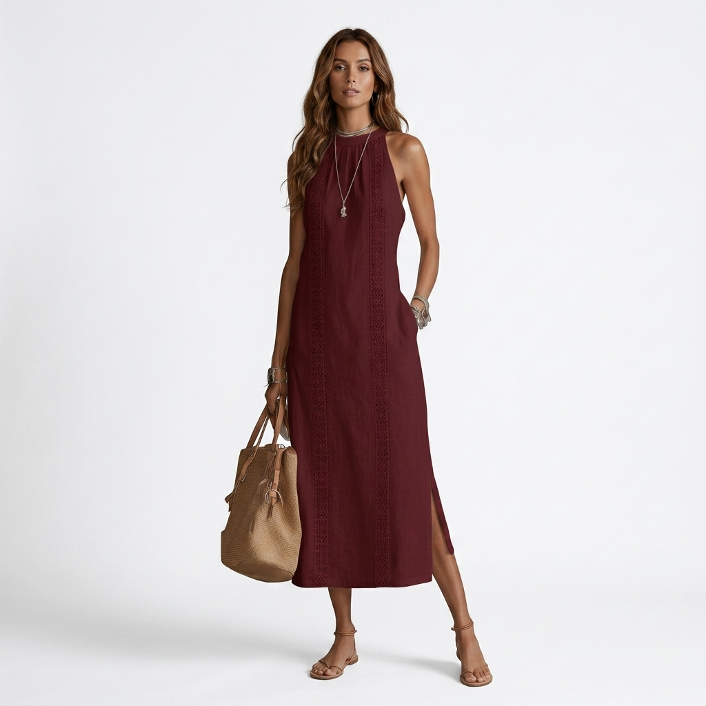 Jimena - Vestido midi de lino con cuello Mao