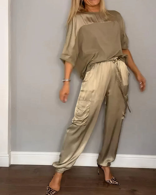 AMELIA | Conjunto de blusa de dos piezas y pantalón cargo Chic